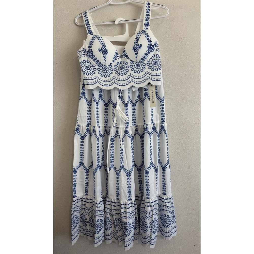 NWT Commense Embroidered Crop Top Maxi Skirt Set M Blue White 2 Piece